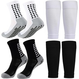 1 Set  Grip Soccer Socks and Shin Guard Sleeves for  7-14 Youth Boys  Football Basketball - Color: Black+White