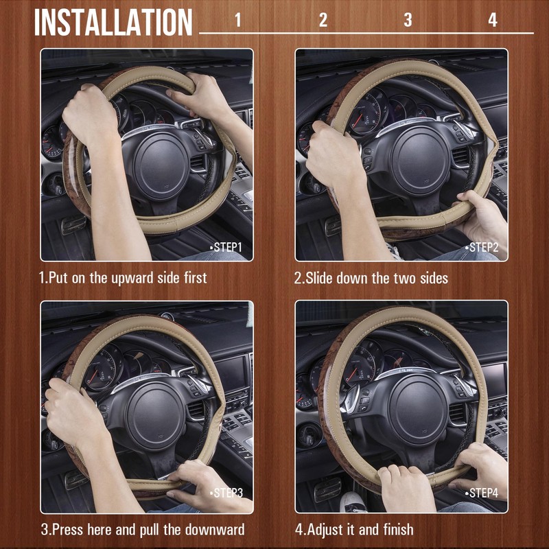 CAR PASS Wood Grain 14.5-15 inch Microfiber Leather Steering Wheel