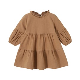 SWNONE Toddler Kids Baby Girl Dress Lantern Long Sleeve Solid Color Casual Dresses Girls Fall Winter Outfit Clothes (5-6X, Khaki)