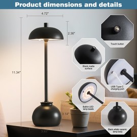 2 Pack Black Ceramic Rechargeable Table Lamps, 5000mAh Small Wireless Battery Operated Portable Table Light, Dimming Mini LED Touch Battery Powered Desk Top Lamp for Bedroom Restaurant/Patio/Outdoor