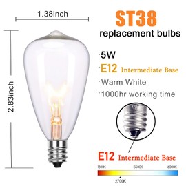 Konictom ST38 Edison Replacement Light Bulbs, 7W Clear Glass String Lights for Outdoor Patio Garden Wedding Decor, C7/E12 Screw Base, 10 Pack
