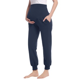 Joyaria Womens Cotton Maternity Pants Over The Belly Sweat Pants/Slee Pants Pregnancy(Navy,S)