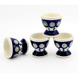 Polish Pottery Market Egg Cups Set of 4 - Handmade by Zaklady Boleslawiec – Polish Stoneware Egg Stand Holders for Soft Boiled Eggs – Peacock Pattern