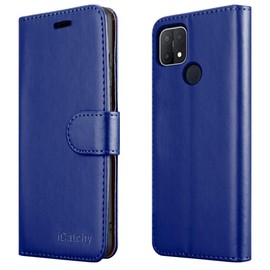 iCatchy for Oppo A15 Case Leather Wallet Book Flip Folio Stand View Cover Pouch for Oppo A15 (Blue)