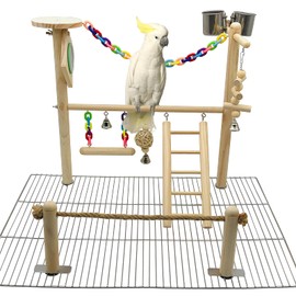 Bird Playground for Top of Cage, Parrot Gym Hanging Chewing Toys, Cage Top Play Stand for Conure, Parakeets, Budgie, Cockatiels, Lovebirds, Bird Wood Perch Cage Toys