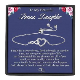MASALADI To My beautiful Bonus Daughter Infinity Heart Bracelet, Stepdaughter, Daughter in law Gift Bracelet, Bride Groom wedding gift from Dad Mom, Christmas Gift for Daughter