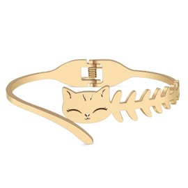 Stainless Steel 18K Gold Silver Plated Cute Fishbone Cat Bracelets Kitten Pets Animals Hollow Out Cuff Bangle Fun Jewelry For Women Mom Friendship Charms Gifts (Gold-plated)