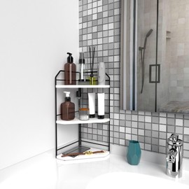 INIUNIK Corner Bathroom Counter Organizer - 3 Tier Wood Vanity Counter Shelf Perfume Skincare Holder, Countertop Corner Shelf Organizer for Bathroom, Kitchen, Rustic White