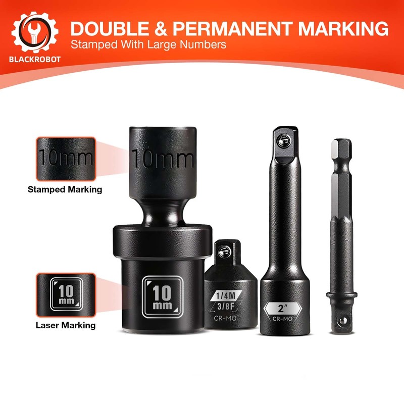 BLACKROBOT 1/4" Drive Universal Impact Socket Set, 16-Pieces Swivel Socket