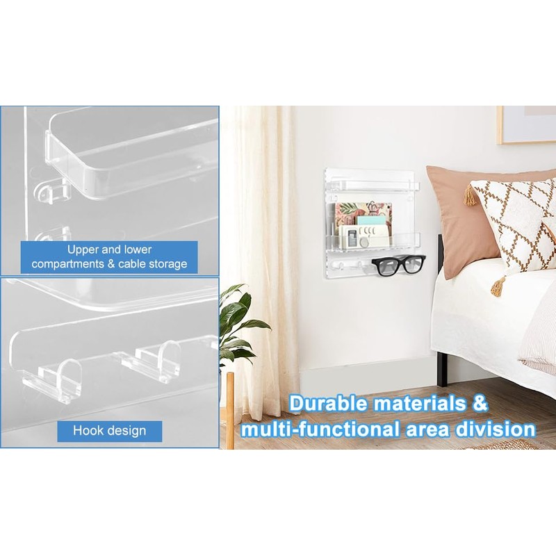 Bedside Shelf Wall Mount Organizer with Phone Cable Clips &