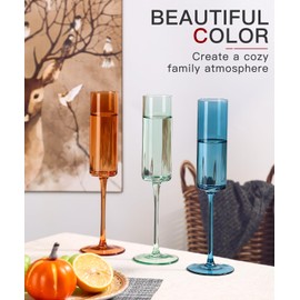 comfit Colored Champagne Flutes Set of 6, 6.5 Oz Hand Blown Crystal Glasses, Lead-Free Colorful Glassware, Muted Vintage Glasses for Champagne, Cocktail-Elegant Gift Box for Wedding,Birthday Gifts