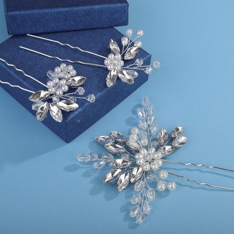 Wekicici Crystal Bride Wedding Hair Pins Floral Pearl Flower Hair