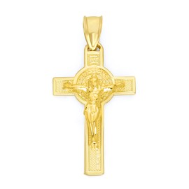 Solid 14k Gold Crucifix Necklace - Doublesided Cross with Saint Benedict Pendant, Religious Jewelry Gifts