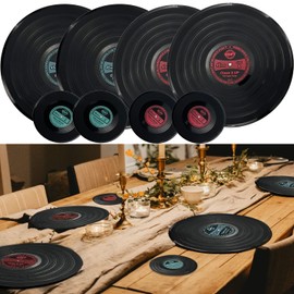 MEDOYOH Set of 4 Record Placemats and Coasters, Round Vinyl Placemats Table Mats Set Round Coasters Set Washable Heat Resistant Anti-slip Food Grade for Kitchen Restaurant Home Decor