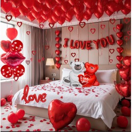 I Love You Balloons red romantic kit with heart Little Bear mylar balloons red rose petals Hanging Hearts for hotel Dec orations decorations Valentines Party wedding anniversary supplies. (Red Rose)