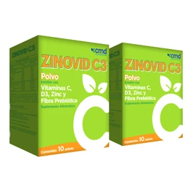 CMD- ZINOVID C3 POLVO DUO - Polvo Soluble con Vitaminas C, D3, Zinc y Fibra Prebiótica - Suplemento Alimenticio - 2 Cajas con 10 sobres c/u