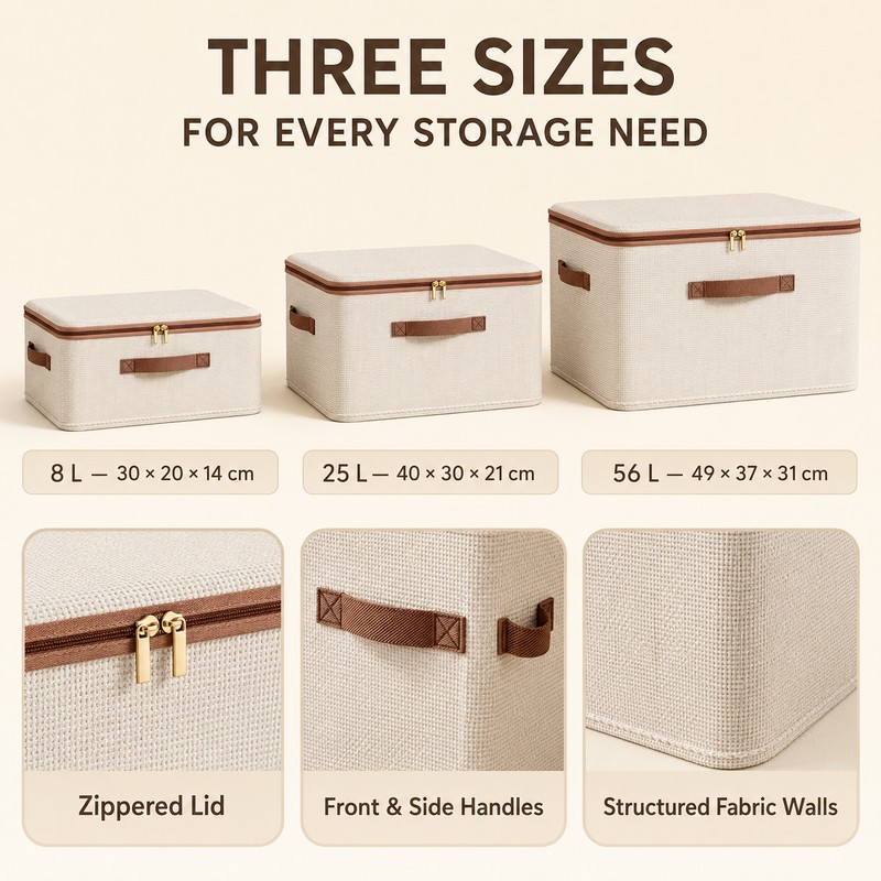 8L Cotton Linen Storage Box with Lid, Foldable Zipper Organizer
