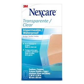Nexcare, 3M, Venditas Impermeables Transparentes, Ideales para Codos y Rodillas, Protegen Heridas Menores, sin Látex, Sello de 360 Grados, Resistente al agua, 60mmx 88mm, Caja de 8 pzs