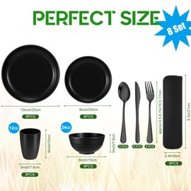 Pinkunn 64 Pcs Wheat Straw Dinnerware Sets with Stainless Steel Flatware Unbreakable Plates and Bowls Sets for 8 Colorful Tableware Set Kitchen Microwave Dishwasher Safe Bowl Plates Cups(Black)