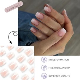 24pcs French False Nails Short, Press on Nails Pink Gradient Stick on Nails, Glossy Removable Acrylic Full Cover Stick on Nails Fake Nails with Glue for Women and Girls
