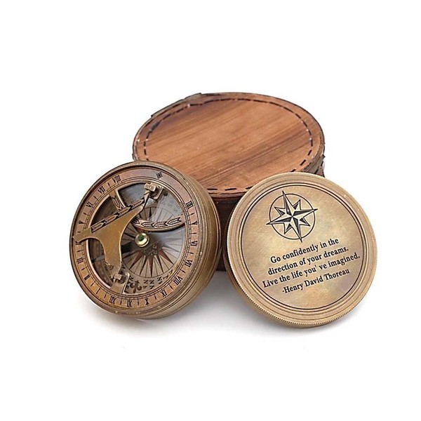 Roorkee Instruments Antique Nautical Vintage Directional Magnetic Sundial Clock Pocket Compass Quote Engraved Gifts with Leather Case, Son, Love Henry David Thoreau Go Confidently in The Direction