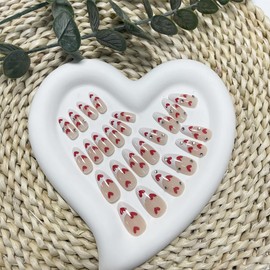 Valentine's Day Press on Nails Medium Almond Heart Fake Nails White French Tip Glue on Nails Red Love,Rhinestones Stick on Nails Glossy Nude Full Cover Acrylic False Nails for Women Manicure24pcs…