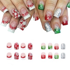 2 Packs 48Pcs Christmas Press on Nails Short Square Fake Nails Red Green Glitter Snowflake Nails French Ombre False Nails Glue on Nails Winter Xmas Stick on Nails for Women Girls Manicure