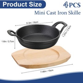 4 Sets Mini Cast Iron Skillet, 6.3 Inch Small Cast Iron Skillets with Wooden Base, Round Mini Pan Fajita Plate iron Pan Pot, Heavy Duty Cast-iron Cookware for Baking, Frying, Cooking, Serving & More