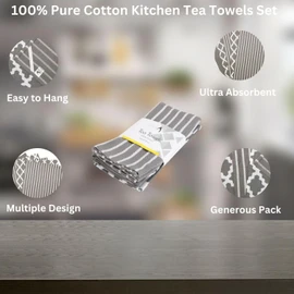 Penguin Home Premium 100% Pure Cotton Grey Tea Towel for Kitchen | Set of 5 Kitchen Towels | Soft & Durable Kitchen Cloths Towel Set | Machine Washable, 65 x 45cm