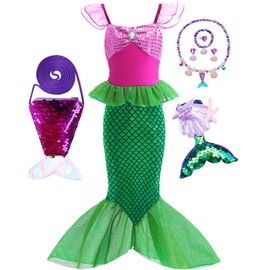 Little Mermaid Costume Ariel Dress for Toddler Girls Birthday Party with Necklace Size 7-8 (K90,140CM)