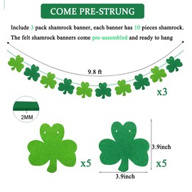 JOZON 3 Pack Felt Shamrock Garland Banner St. Patrick's Day Banner Decorations Lucky Clover Green Irish Saint Patty's Day Party Decorations with GREEN Strings (Green and Light Green Color)