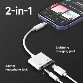 [Apple MFi Certified] 2 Pack Lightning to 3.5mm Headphone Jack Adapter, 2 in 1 Headphone Adapter Aux Audio and Charger Adapter Dongle Cable Splitter Compatible with iPhone14/13/12/11/XS/XR