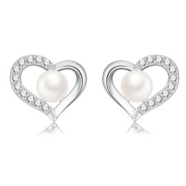 Pearl Earrings for Women - 925 Sterling Sliver Pearl CZ Heart Studs Earrings, Dainty Wedding Pearl Earrings Bridesmaid Gift, Valentines Pearl Earrings Jewelry Ladies Girls Gifts