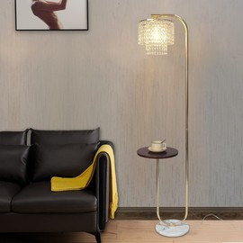 Hsyile Arc Crystal Floor Lamp for Living Room - Marble Base Modern Tall Stand Up Light with Table,Contemporary Over The Couch Gold Lamp Standing Lamps for Bedroom Office Living Room