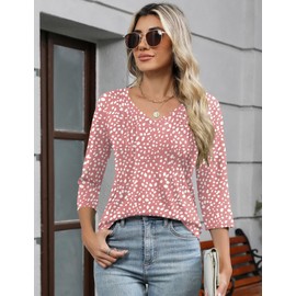 Romanstii 3/4 Sleeve Tops for Women V Neck Dressy Basics Tees Trendy Casual Loose Fit Pleated T Shirts, S