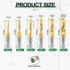 KURSTOL HSS Tap Set – 6 Pieces M3-M10 Combination Drill Tap for Drilling, Tapping, Countersunking, Titanium Combination Drill with Quick Change Shank, Fixed on Thread Cutting Machine