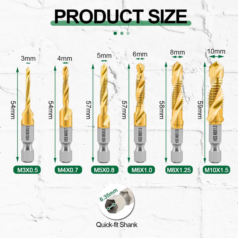KURSTOL HSS Tap Set – 6 Pieces M3-M10 Combination Drill