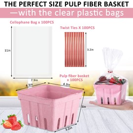 Amyhill 100 Pack Pink Pulp Fiber Berry Basket Set Include 100 Strawberry Fruit Basket and 100 Clear Packaging Bags with 100 Tie Strips Small Berry Container for Farmer Market Produce Storage