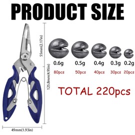 220 Pcs/5 Sizes Fishing Kit with Pliers – 0.6g to 0.2g – Split Shot Style Tackle Set with Box for Line Balancing in All Conditions