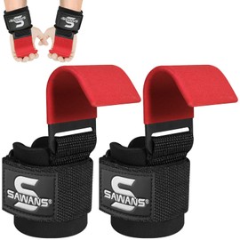 Lifting Hooks Non-Slip Coated Heavy Duty Solid Steel Neoprene Thick Padded Wrist Support Pair of Weight Lifting Gym Straps Deadlifts Chin Pull Up Fitness Bar Grip Strength Training Equipment (Red)