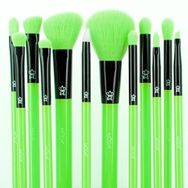 MODA Juego de brochas de maquillaje verde neón, 12 piezas veganas para rostro y ojos, para base, rubor, polvo y sombra de ojos, cerdas sintéticas ultr