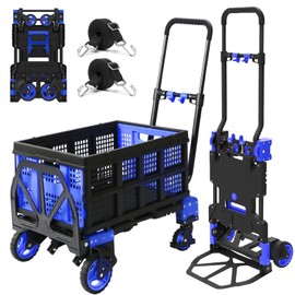 Oyoest 2 in 1 Folding Hand Truck with Folding Basket,Heavy Duty Hand Truck Dolly 330lbs Capacity with Telescoping Handle and Rubber Wheels,Portable Dolly Cart with Bungee Cords for Moving.