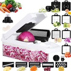 Cortador de Verduras, Picador de Verduras Multifuncional 22en1, Mandolina Rallador de Verduras para Cocina con 12 Cuchillas de Acero Inoxidable y Contenedor, Ideal para Frutas, Verduras y Ensaladas