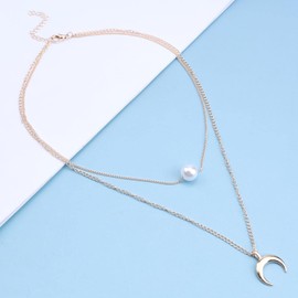 Yheakne Boho Pearl Moon Choker Necklace Gold Pearl Pendant Necklace Vintage Layered Necklace Crescent Moon Necklace Jewelry for Women and Girls Gifts