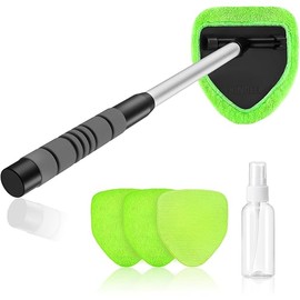 XINDELL Windshield Cleaner Tool – Car Interior Glass Cleaning Kit with Extendable Handle & 4 Microfiber Pads, Auto Glass Wash Brush for Car Detailing, Trucks, SUVs, RVs & Home Windows