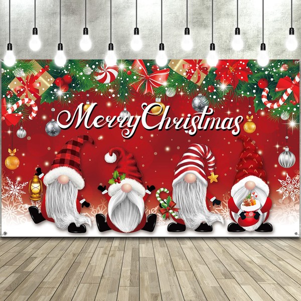 Merry Christmas Party Backdrop Decorations Large Fabric Red Xmas Gnome Banner Photo Booth Background for Christmas Winter Holiday Party Supplies 73 x 43 Inch
