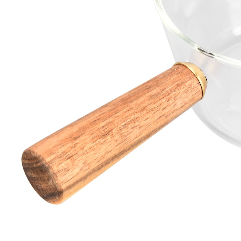 Glass Milk Pot with Wooden Handle V Shaped Spout Noodles