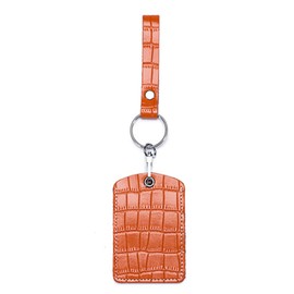 Portable Top Layer Cowhide Leather Card Holder Keychain with Wristlet Strap, Slim ID Case for Access Card Air Tag (B-Orange)