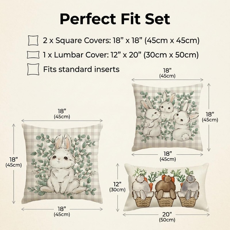 Happy Easter Pillow Covers - 18x18 Inch Buffalo Plaid Rabbit
