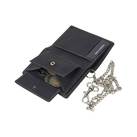Mini Biker Wallet Extra Thin with Chrome Chain in Portrait Format LEAS MCL in Real Leather Black Vintage Collection, black, closed
